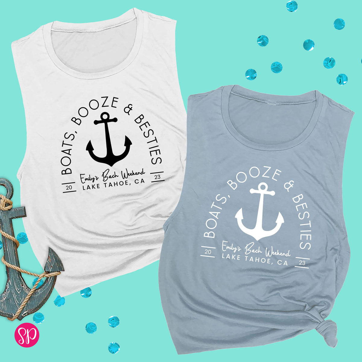 Personalized Boats, Booze and Besties Bachelorette Girls Trip Tank Top Custom Text