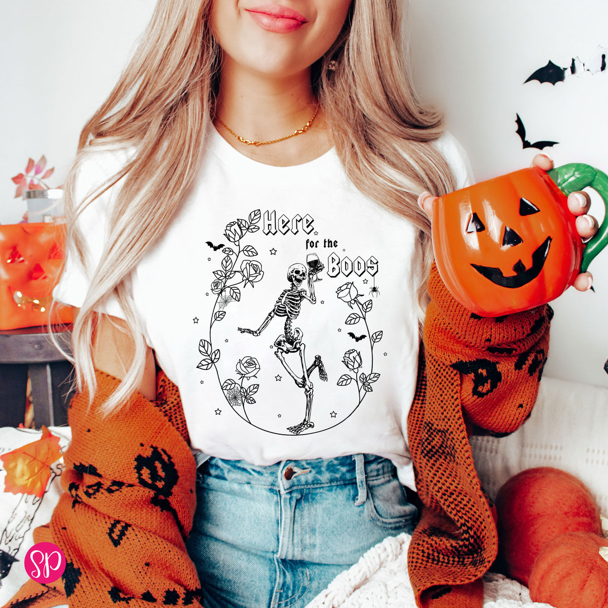 Here for the Boos Wine Drinking Skeleton Halloween Mom Graphic Tee for Women