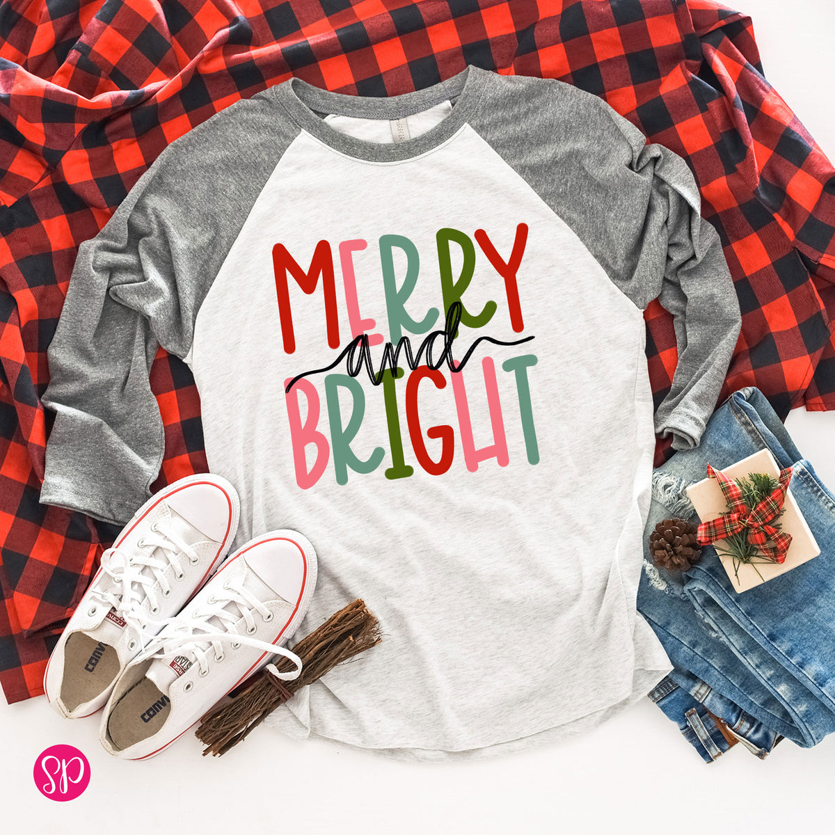 Merry and Bright Christmas Holiday Pajama Raglan Graphic Tee Shirt for Women