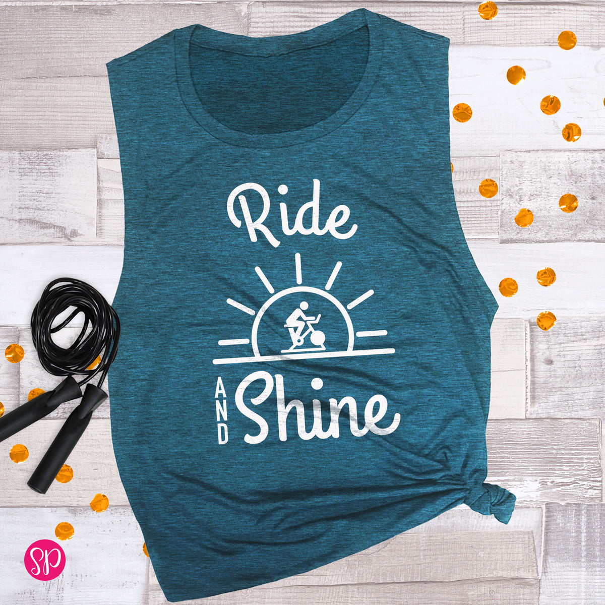 Ride and Shine Cycling Bike Spin Workout Fitness Graphic Muscle Tank Top Shirt Women