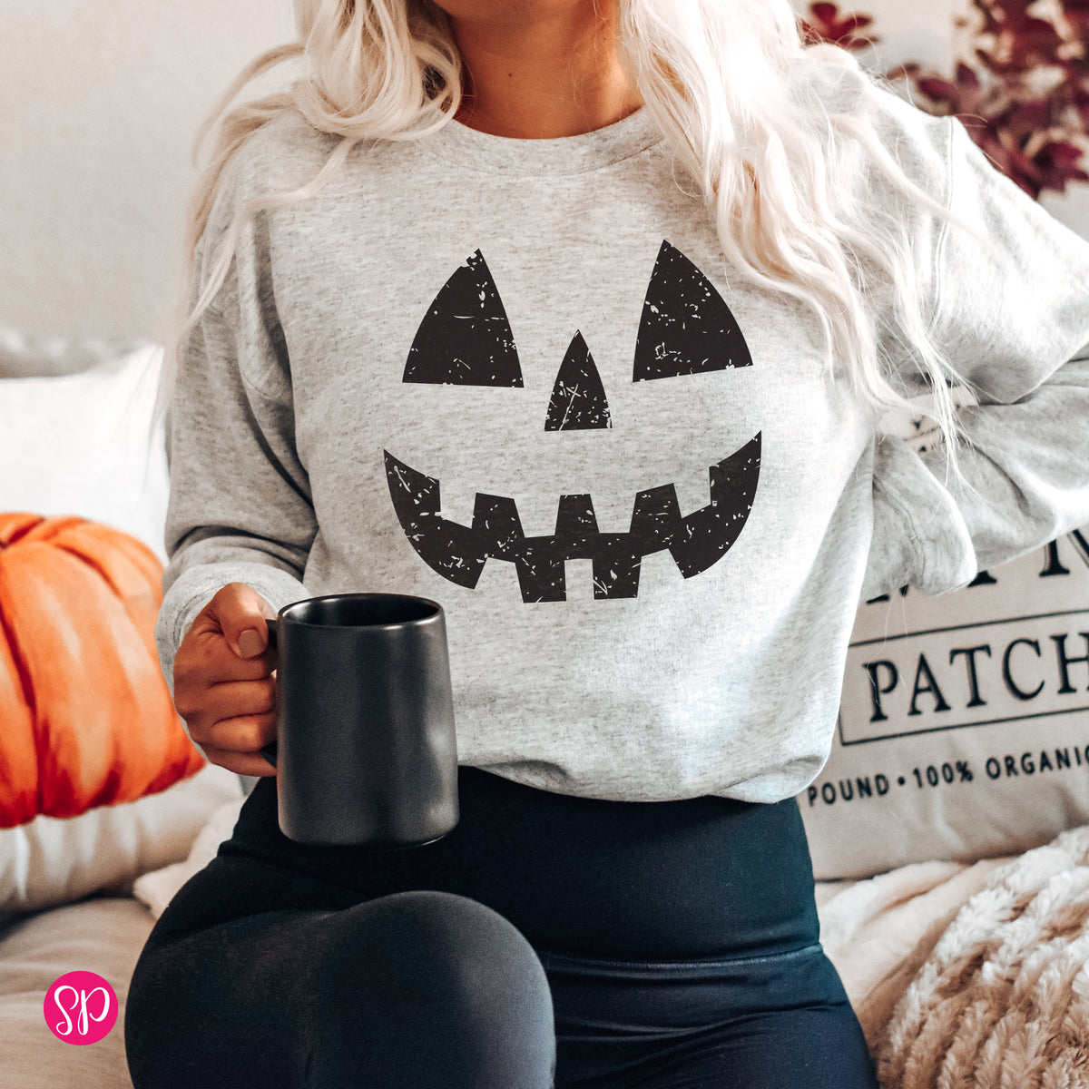 Grunge Pumpkin Face Jack-o-Lantern Unisex Oversized Cozy Halloween Sweatshirt