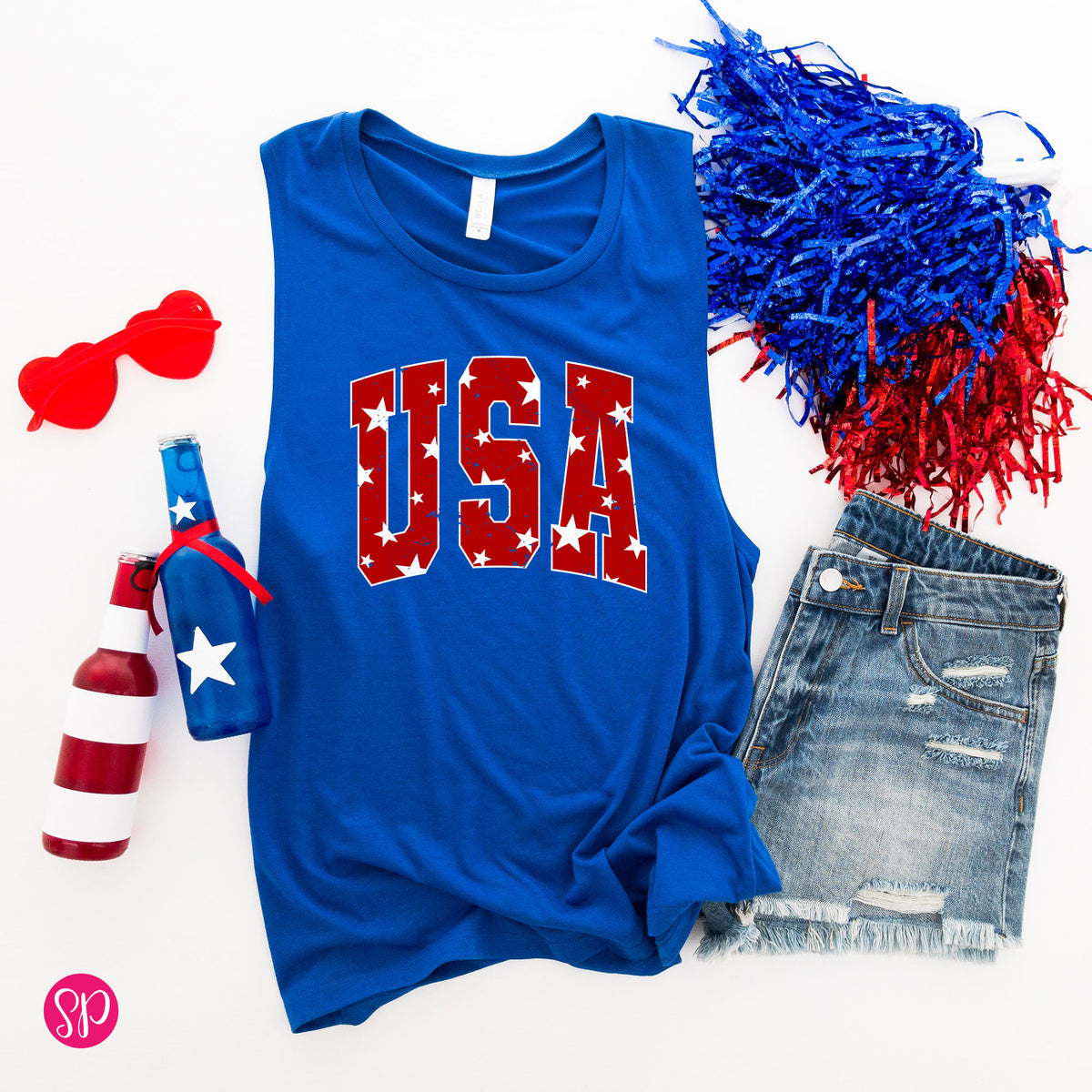 Distressed USA with Stars Muscle Tee