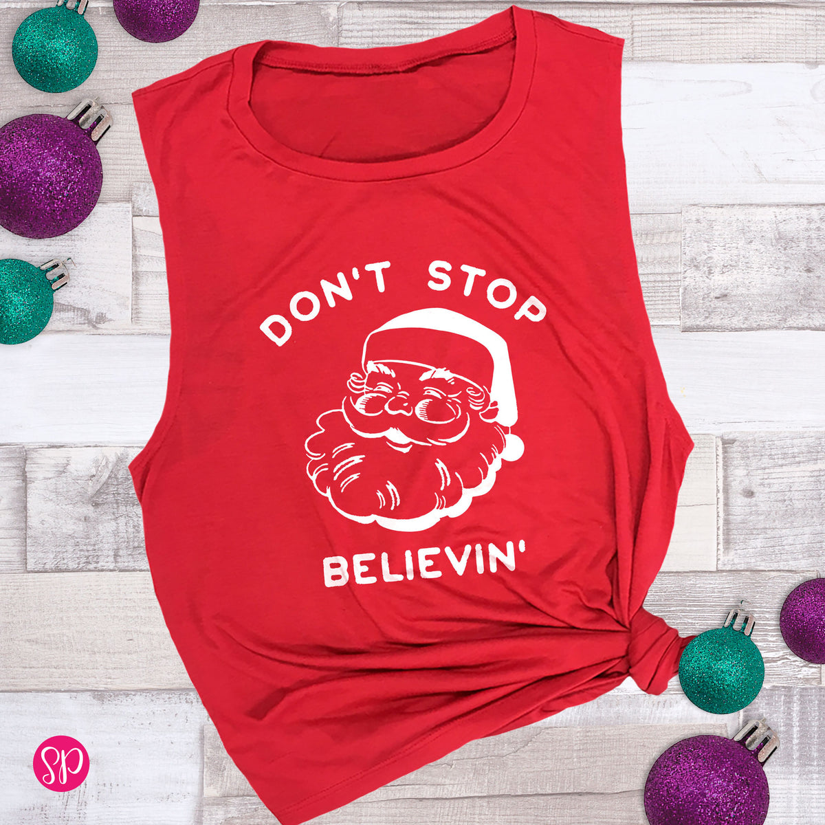 Don't Stop Believin' Santa Christmas Holiday Workout Tank Top