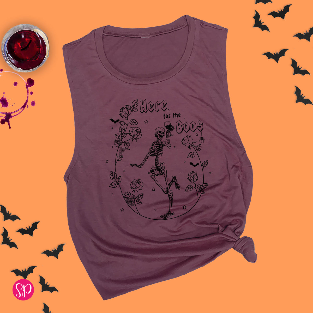 Here for the Boos Skeleton Drinking Wine Halloween Muscle Tank for Women