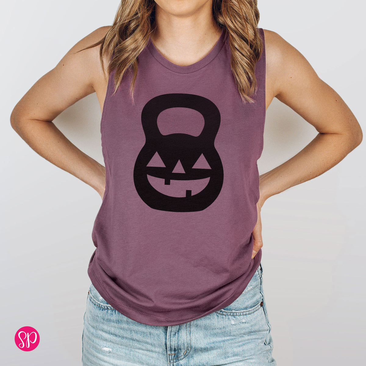 Kettlebell Pumpkin Face Jack-o-Lantern Halloween Workout Fitness Tank Top Women