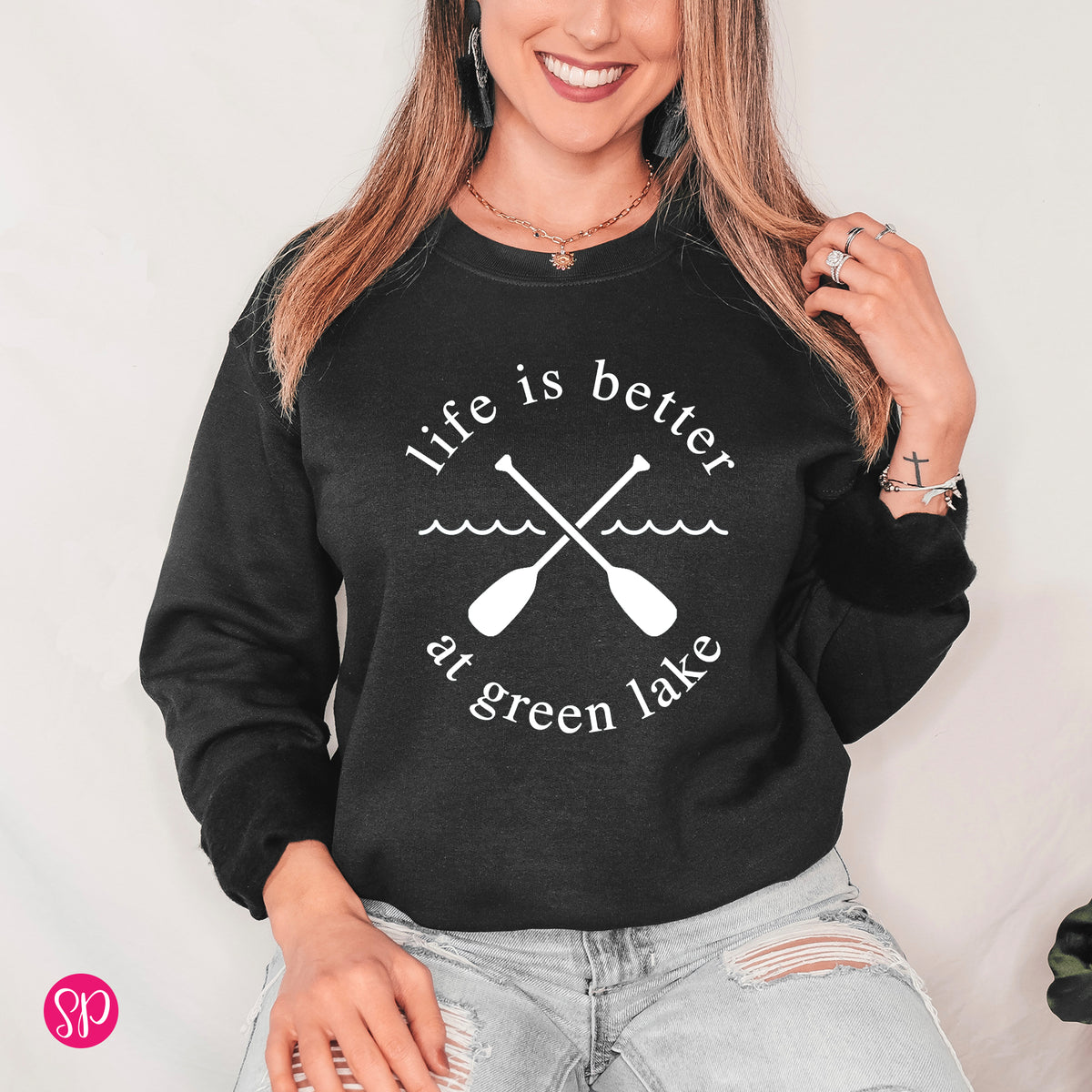 Life is Better with Lake Name with Oars Sweatshirt (WHITE)