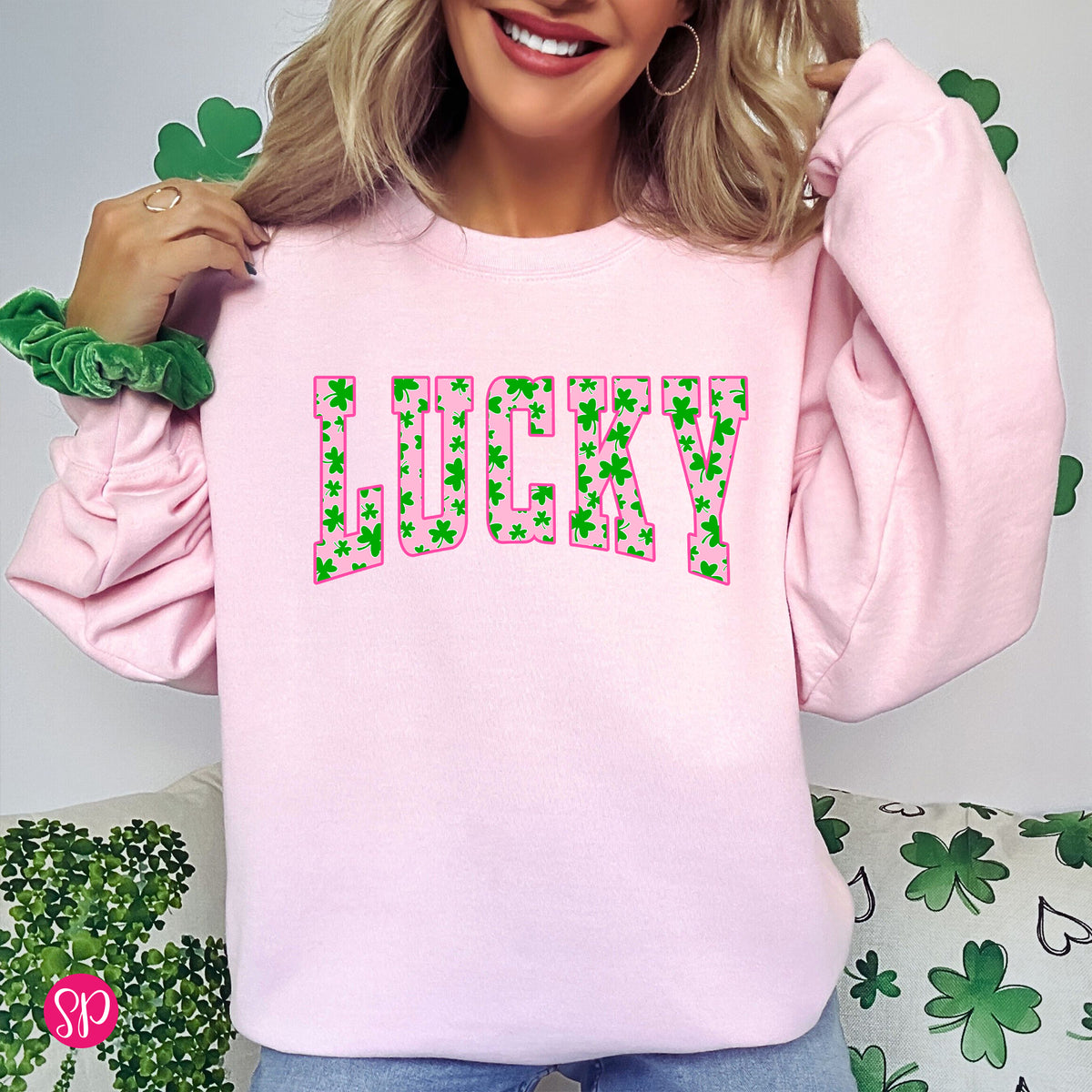 Lucky Shamrocks Pink Varsity Letters Sweatshirt