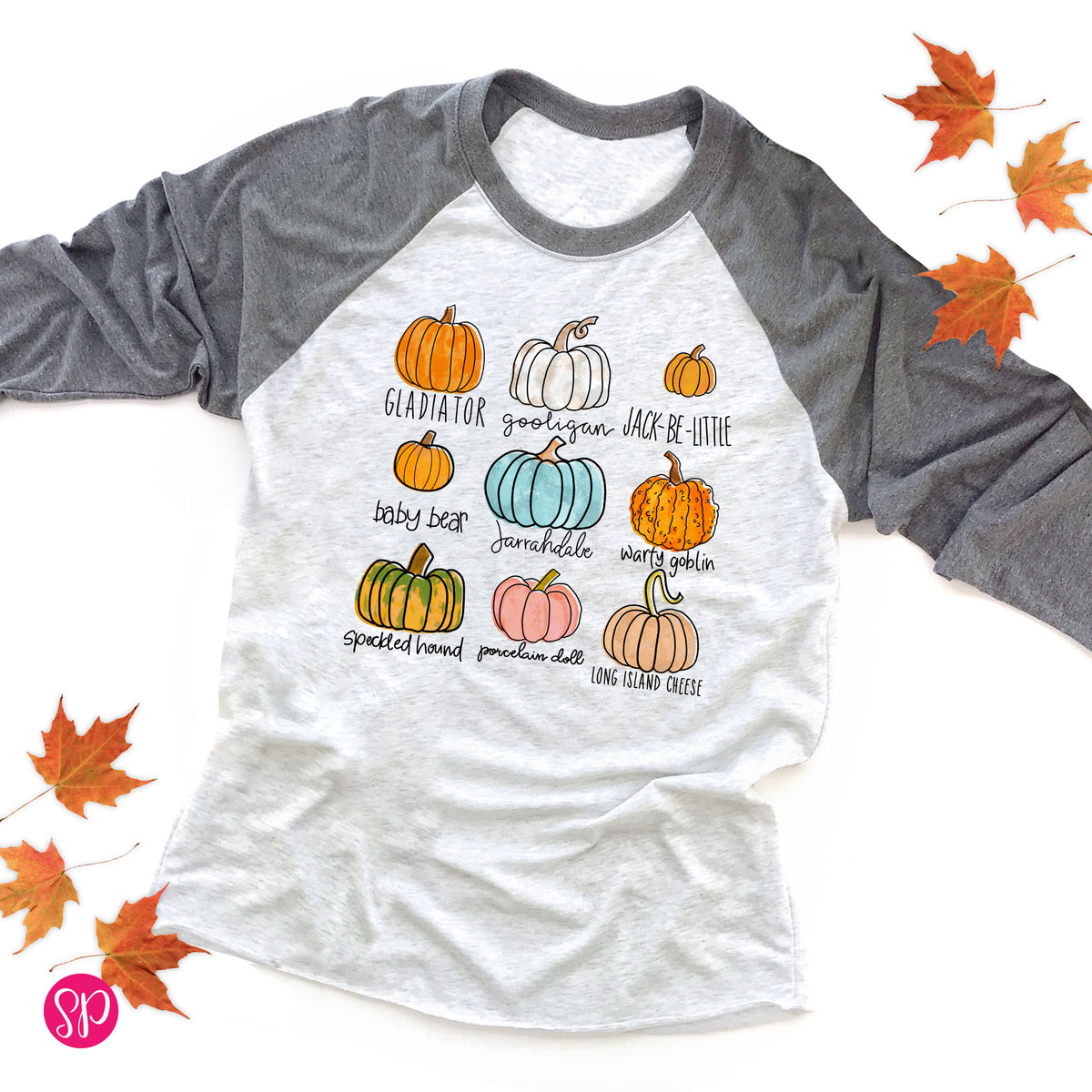 Pumpkin Variety Chart Type Fall Halloween Thanksgiving Harvest Day Graphic Raglan Tee Shirt