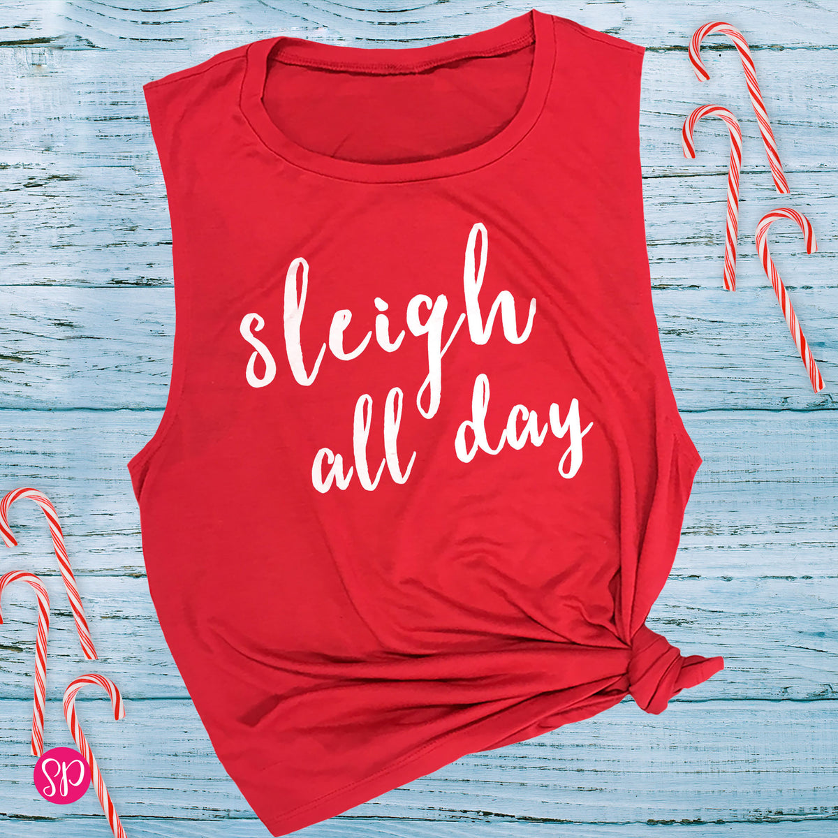 Sleigh All Day Christmas Holiday Funny Fitness Workout Muscle Tank Tee Shirt