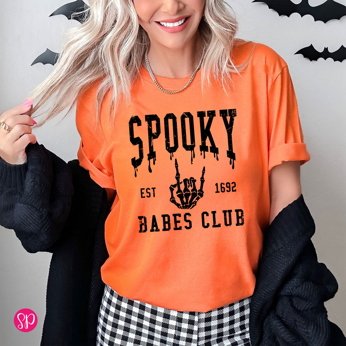 Spooky Babes Club 1692 Skeleton Fingers Group Matching Bachelorette Girls Trip Halloween Fall Funny Graphic Tee Shirt