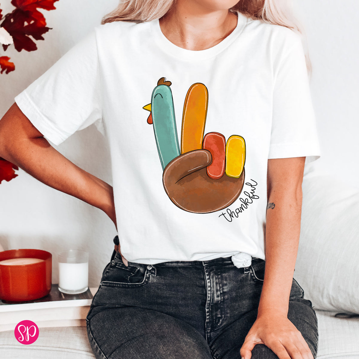 Thankful Turkey Peace Fingers Cute Thanksgiving Dinner Day Graphic Tee Shirt