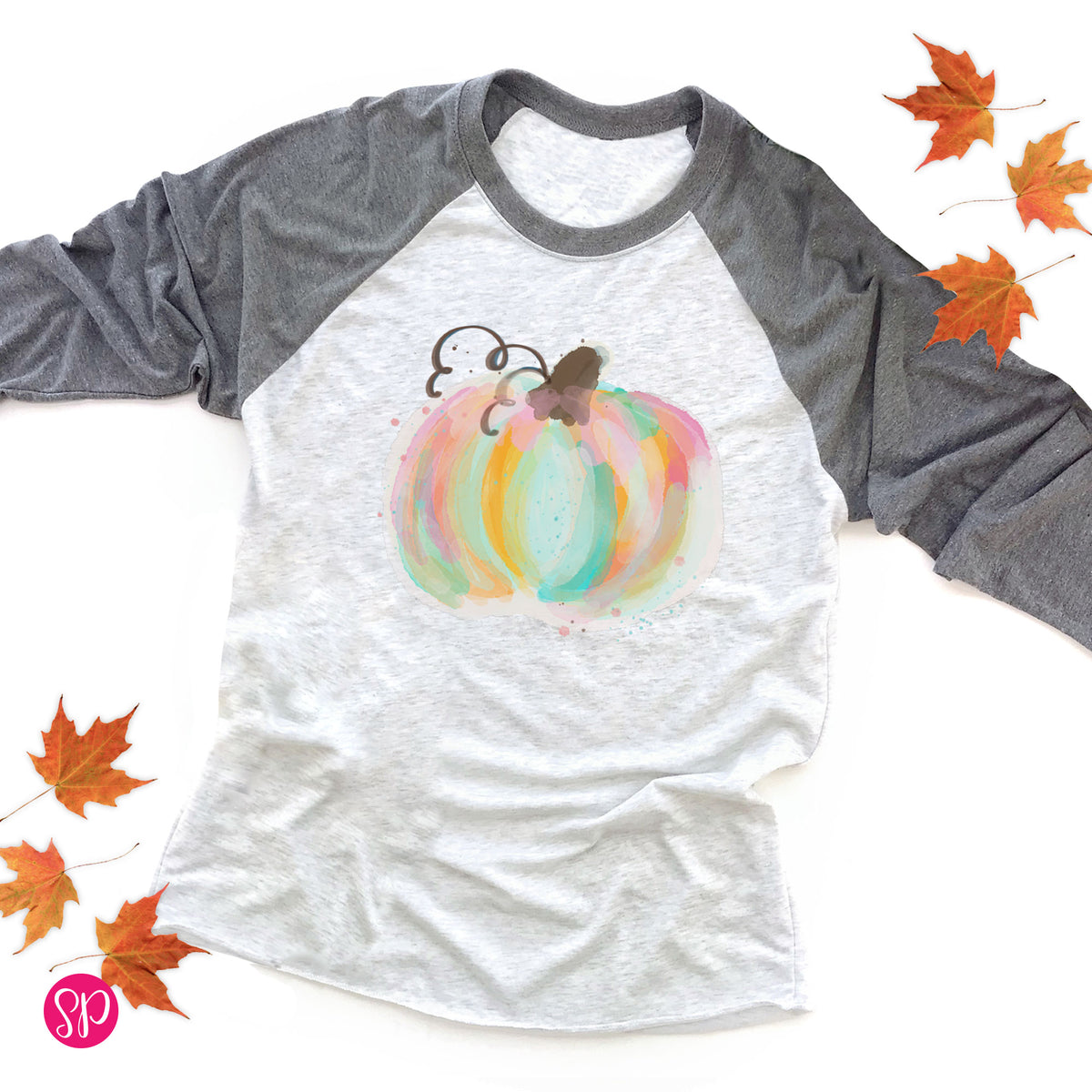 Watercolor Pumpkin Cute Fall Halloween Thanksgiving Cozy Graphic Raglan Teacher Mom Shirt